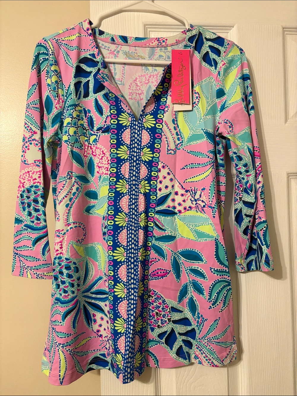 Lilly Pulitzer Pink Tropical Tunic with Navy Center Panel